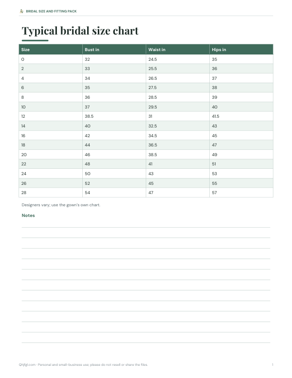 Preview of Printable Bridal Size Chart